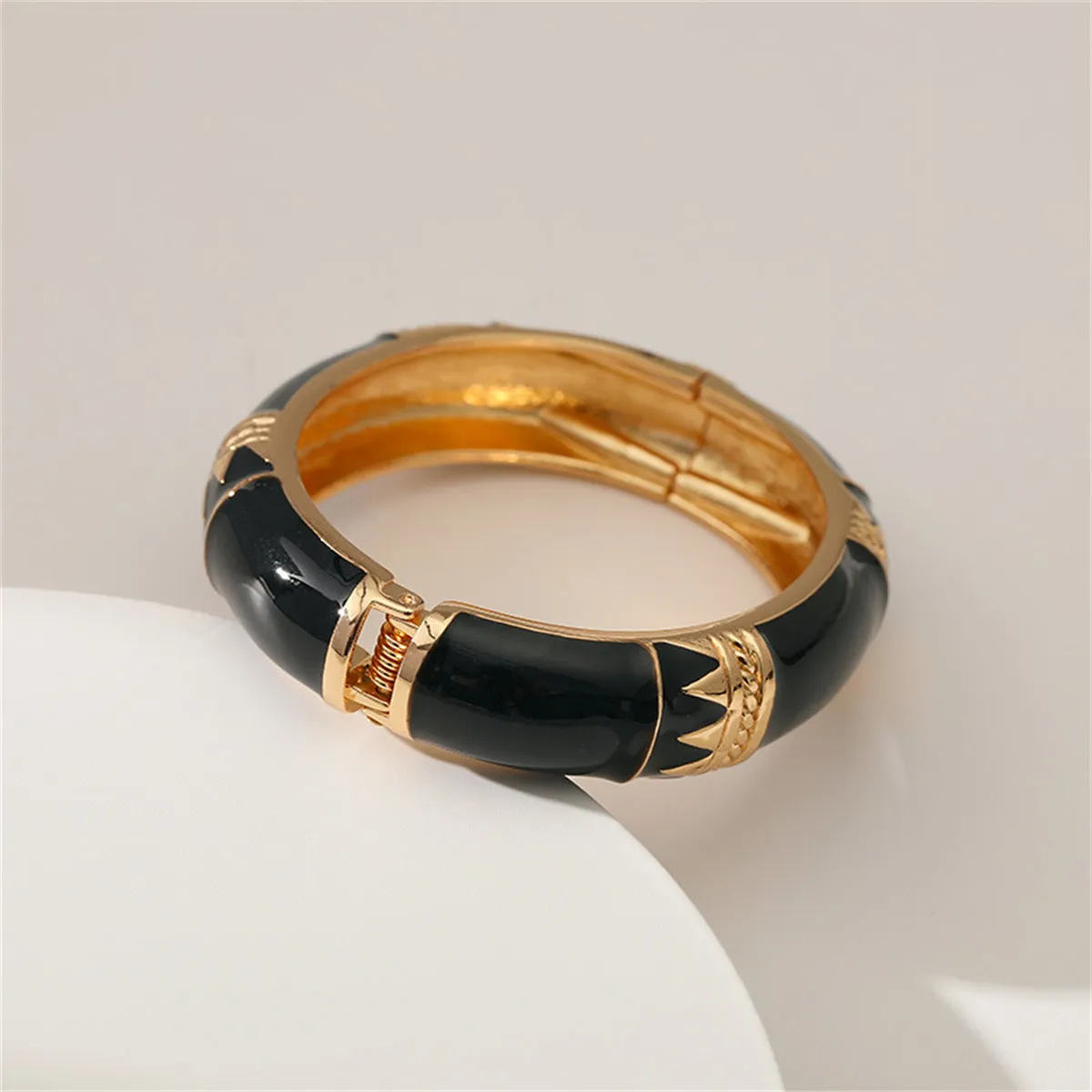 Black Enamel & 18K Gold-Plated Geometric Bamboo Bangle