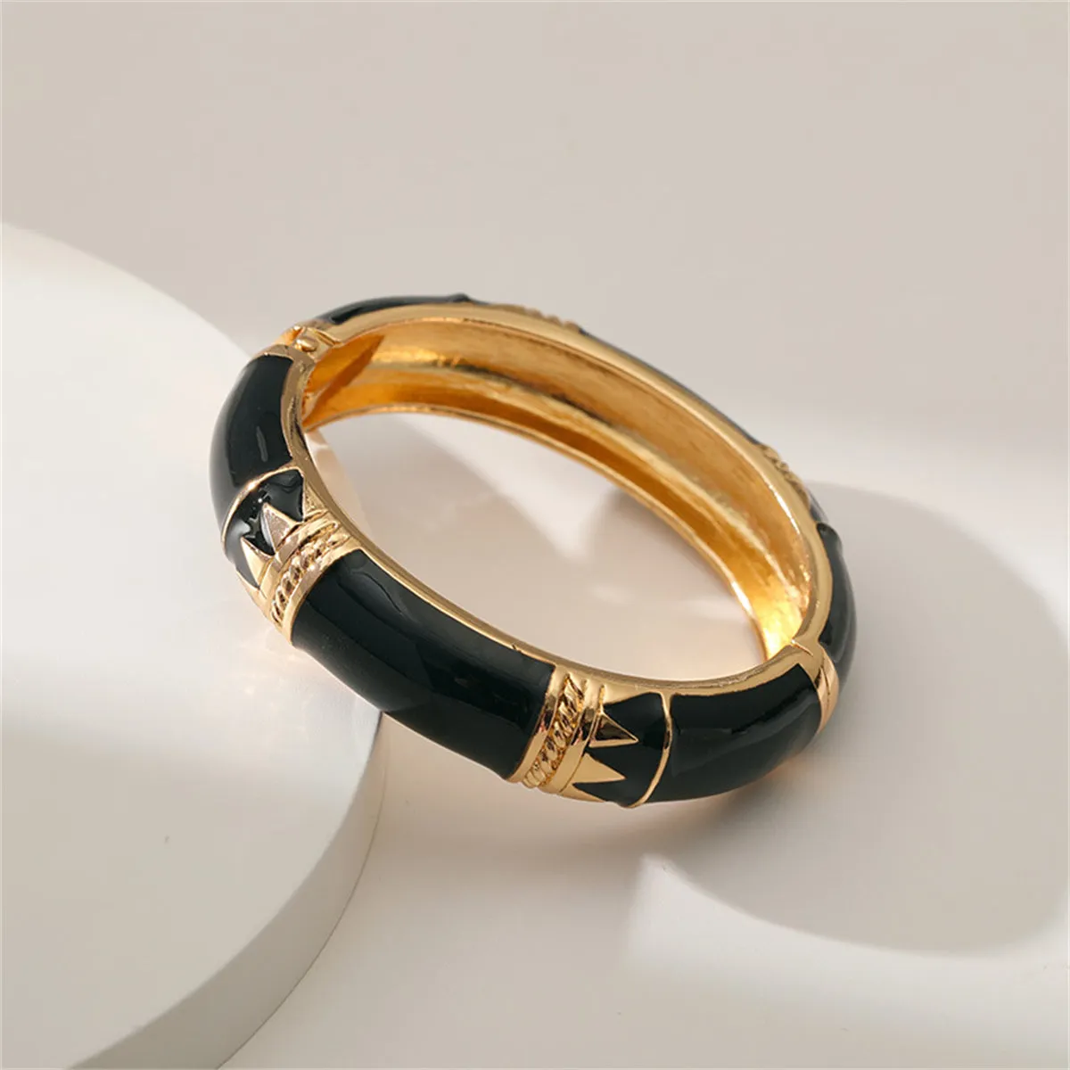 Black Enamel & 18K Gold-Plated Geometric Bamboo Bangle
