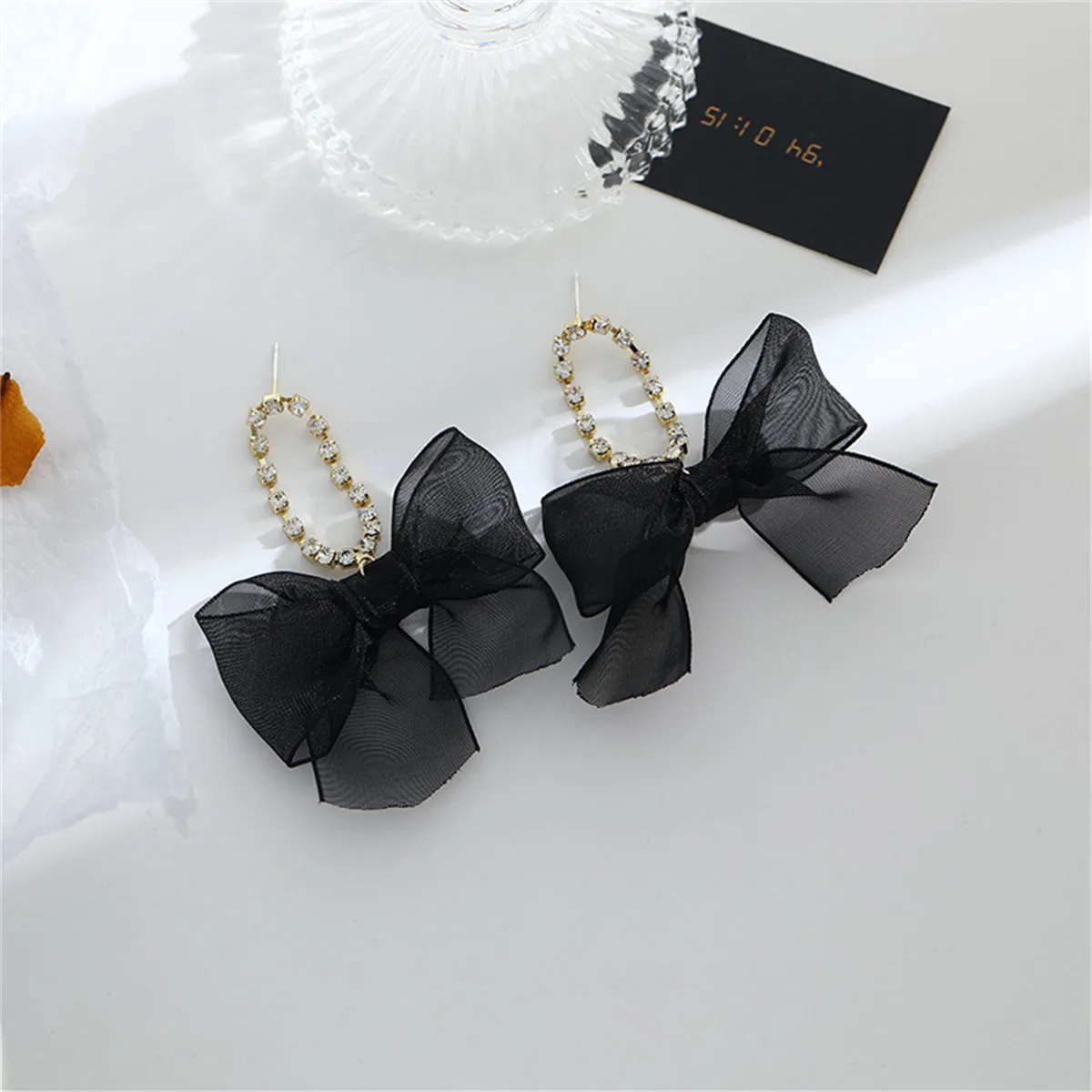Black Lace & Cubic Zirconia 18K Gold-Plated Bow Drop Earrings