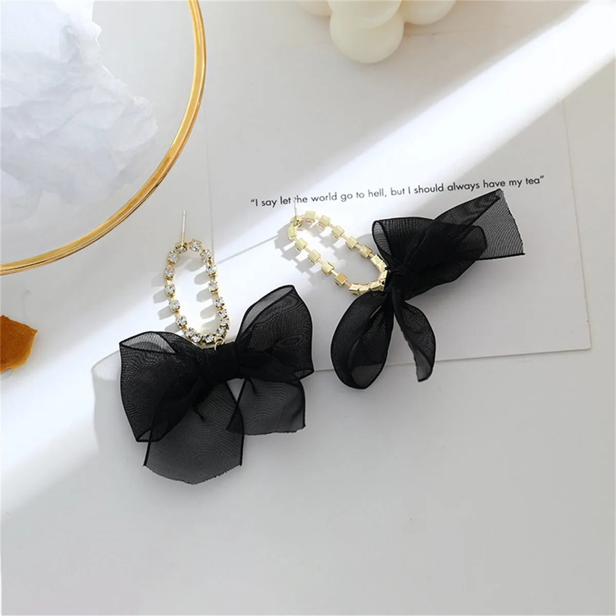 Black Lace & Cubic Zirconia 18K Gold-Plated Bow Drop Earrings