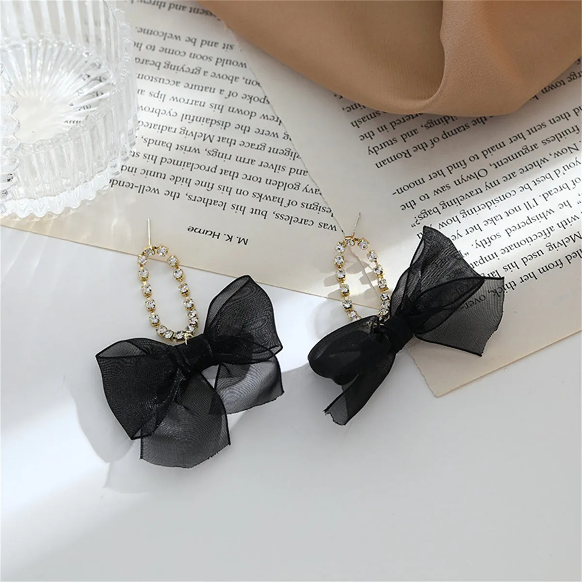 Black Lace & Cubic Zirconia 18K Gold-Plated Bow Drop Earrings