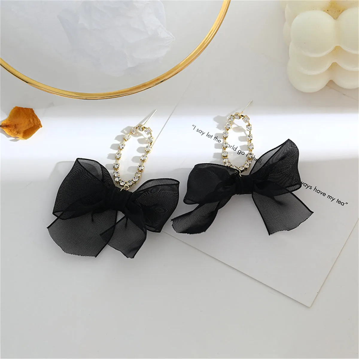 Black Lace & Cubic Zirconia 18K Gold-Plated Bow Drop Earrings