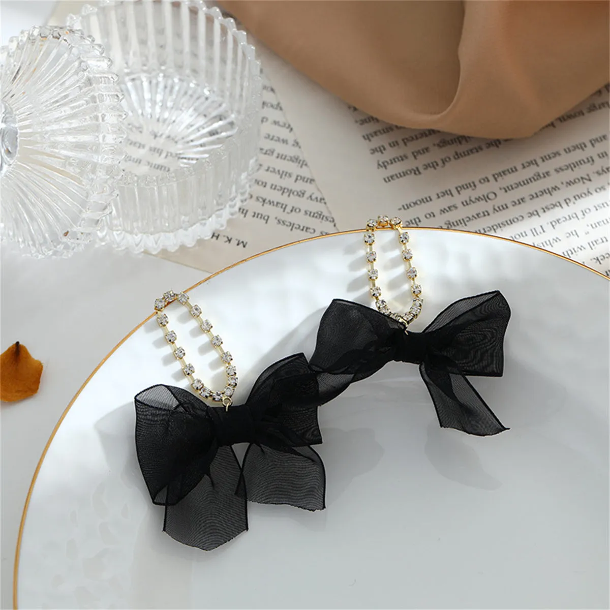 Black Lace & Cubic Zirconia 18K Gold-Plated Bow Drop Earrings