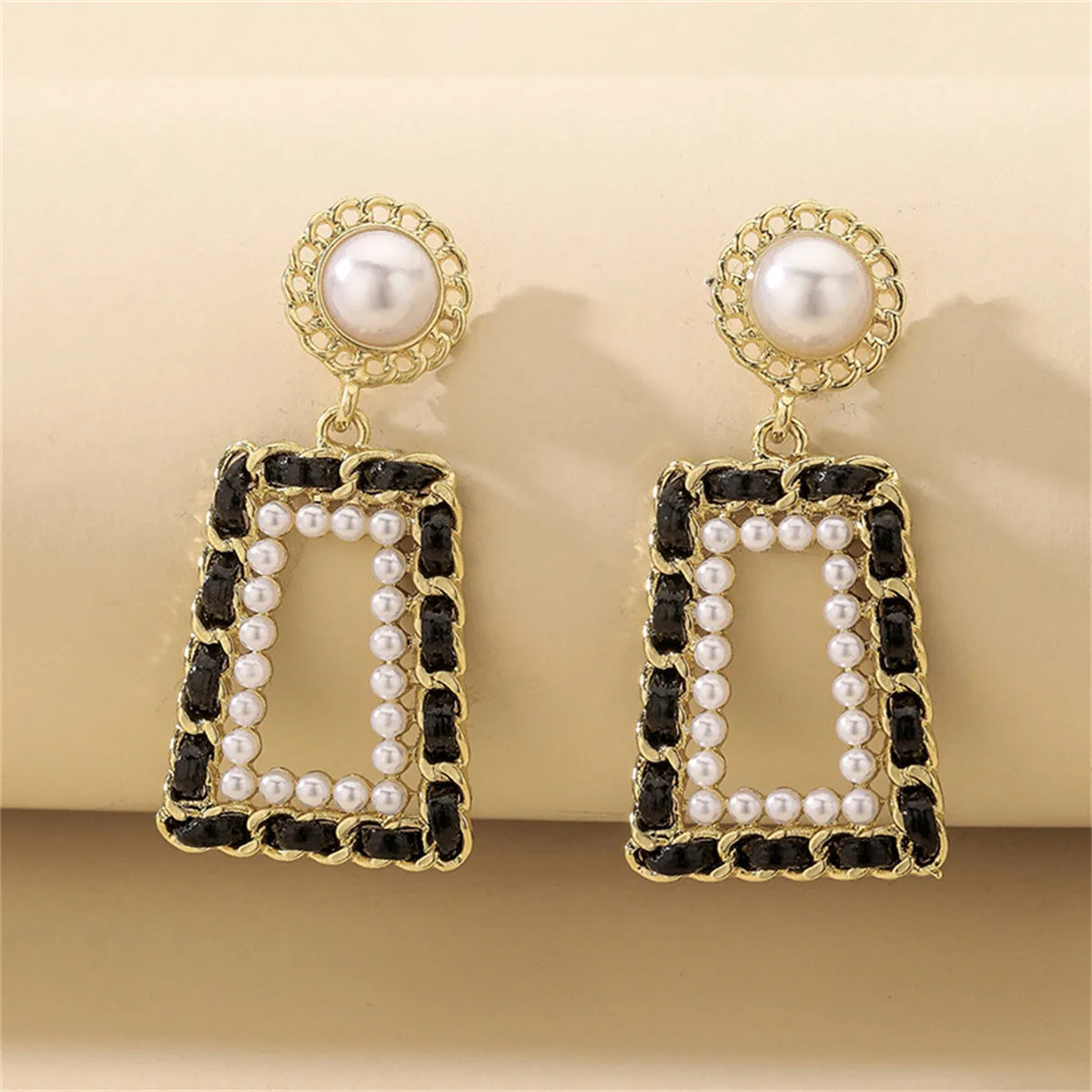 Black Polystyrene & Pearl 18K Gold-Plated Open Geometric Drop Earrings