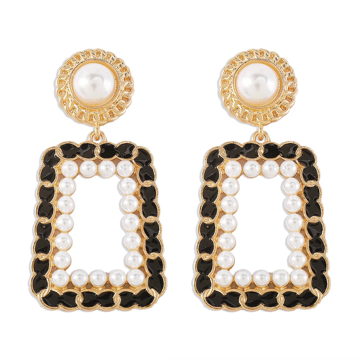 Black Polystyrene & Pearl 18K Gold-Plated Open Geometric Drop Earrings