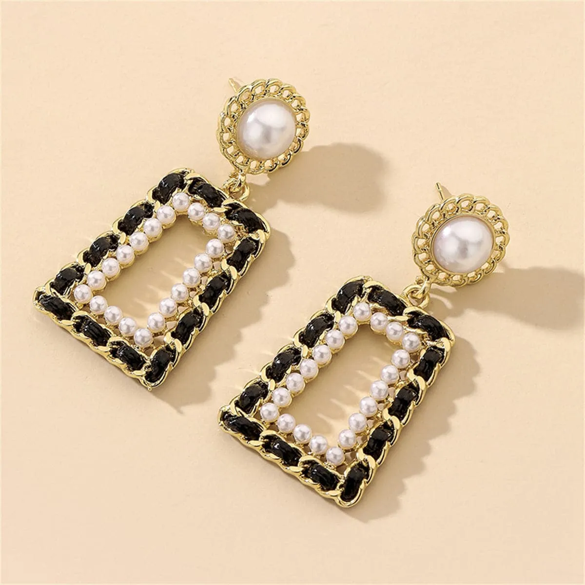 Black Polystyrene & Pearl 18K Gold-Plated Open Geometric Drop Earrings