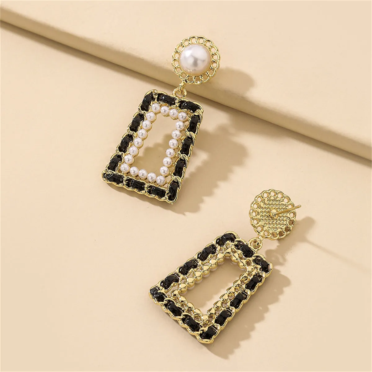 Black Polystyrene & Pearl 18K Gold-Plated Open Geometric Drop Earrings