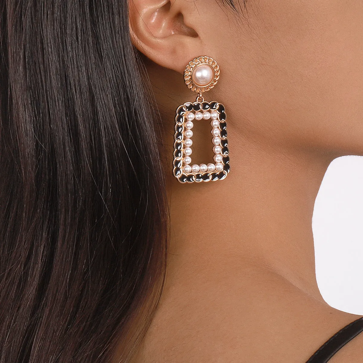 Black Polystyrene & Pearl 18K Gold-Plated Open Geometric Drop Earrings