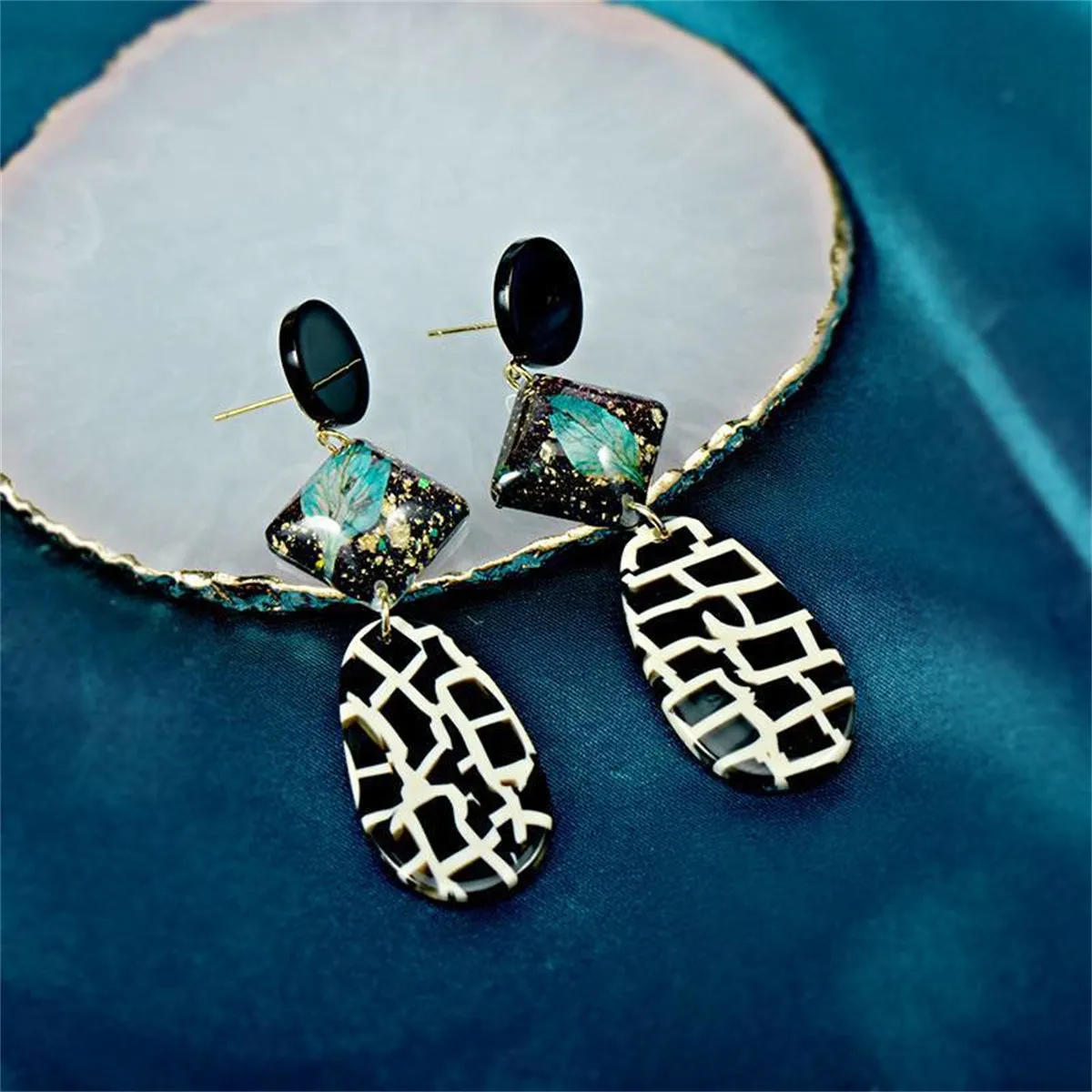 Black Resin & Acrylic 18K Gold-Plated Geometric Drop Earrings