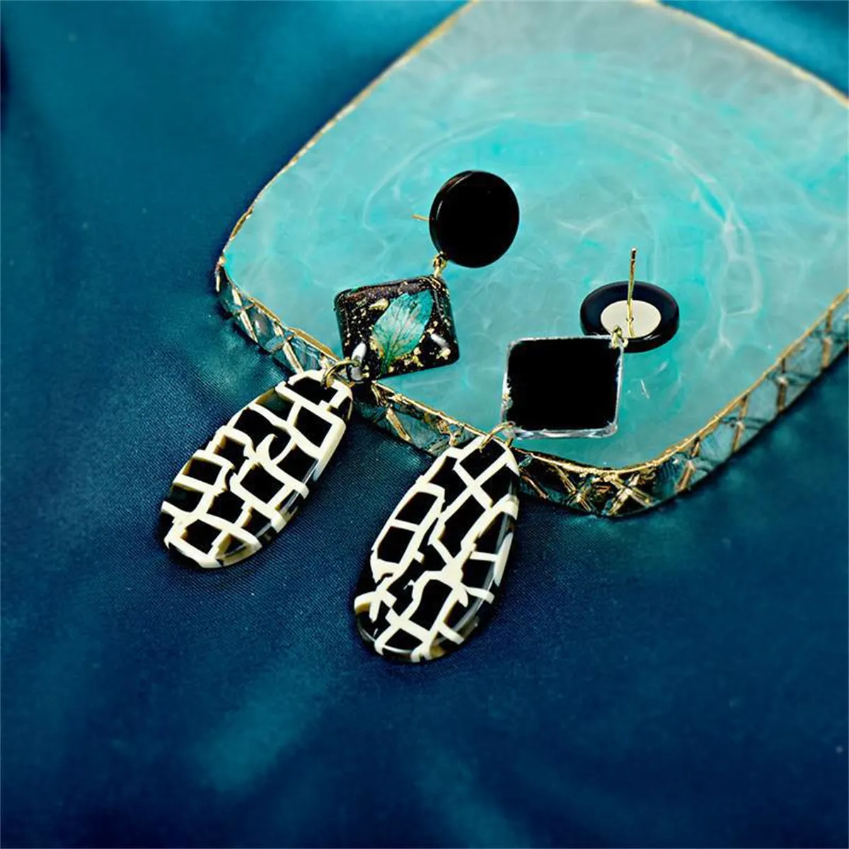 Black Resin & Acrylic 18K Gold-Plated Geometric Drop Earrings