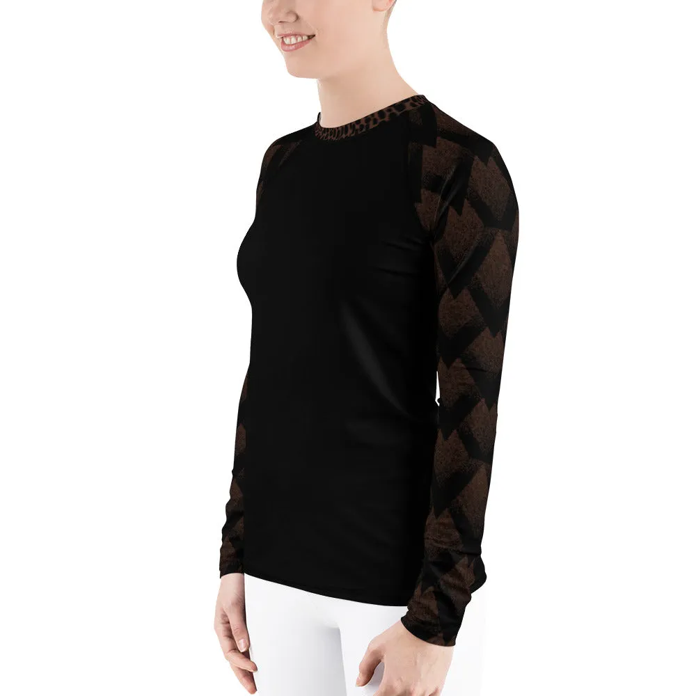 Black Spotted and Geometric on Brown - Women's Rash Guard