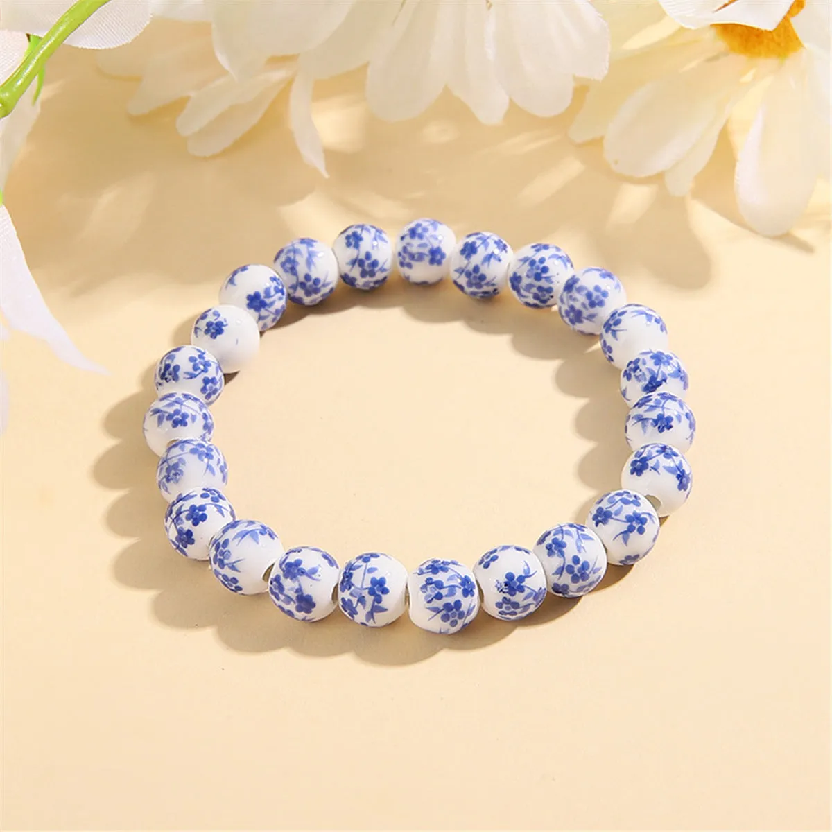 Blue & Ceramic Ridge Orchid Beaded Stretch Bracelet