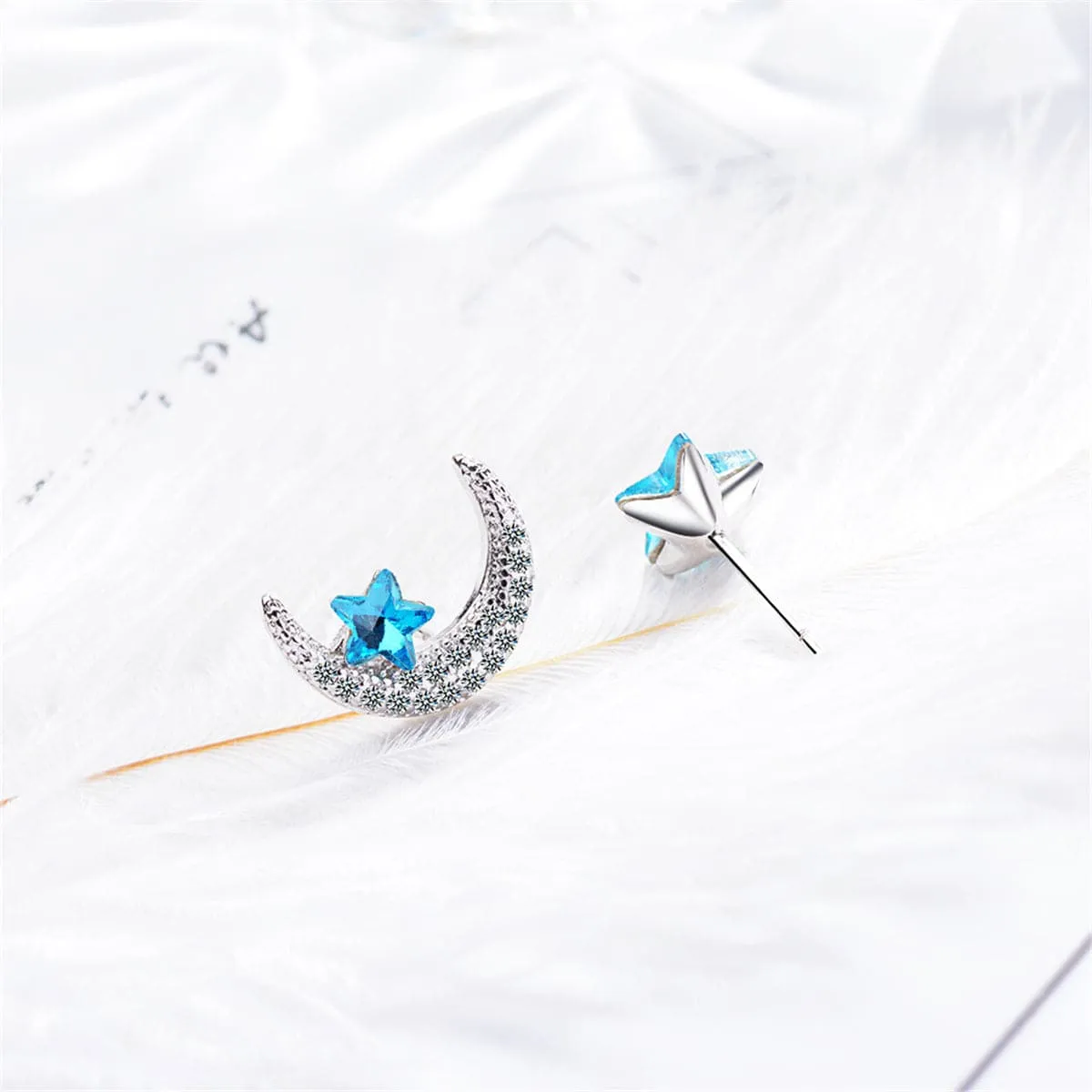 Blue Crystal & Cubic Zirconia Star & Moon Stud Earrings