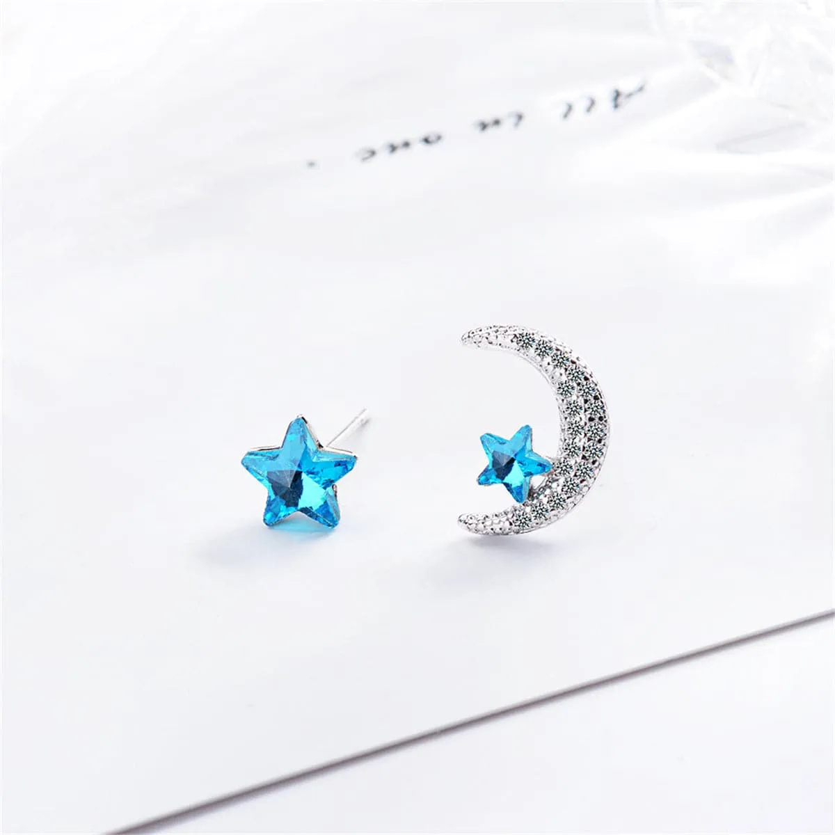 Blue Crystal & Cubic Zirconia Star & Moon Stud Earrings