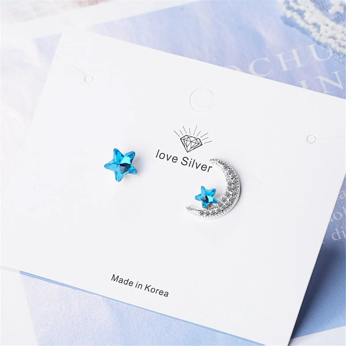 Blue Crystal & Cubic Zirconia Star & Moon Stud Earrings