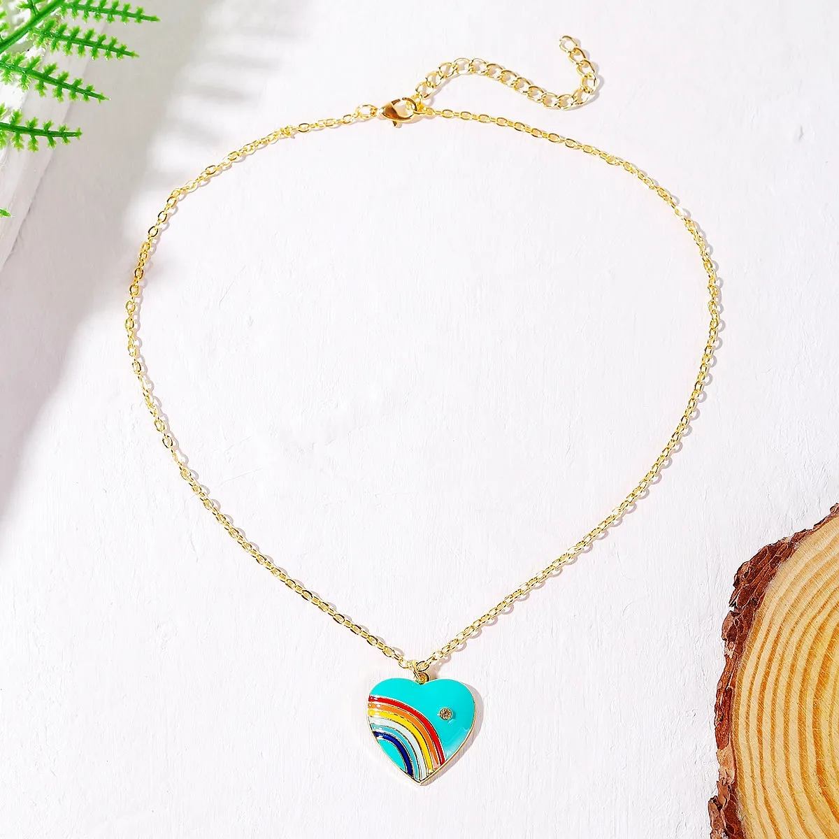 Blue Enamel & Cubic Zirconia 18K Gold-Plated Rainbow Heart Pendant Necklace