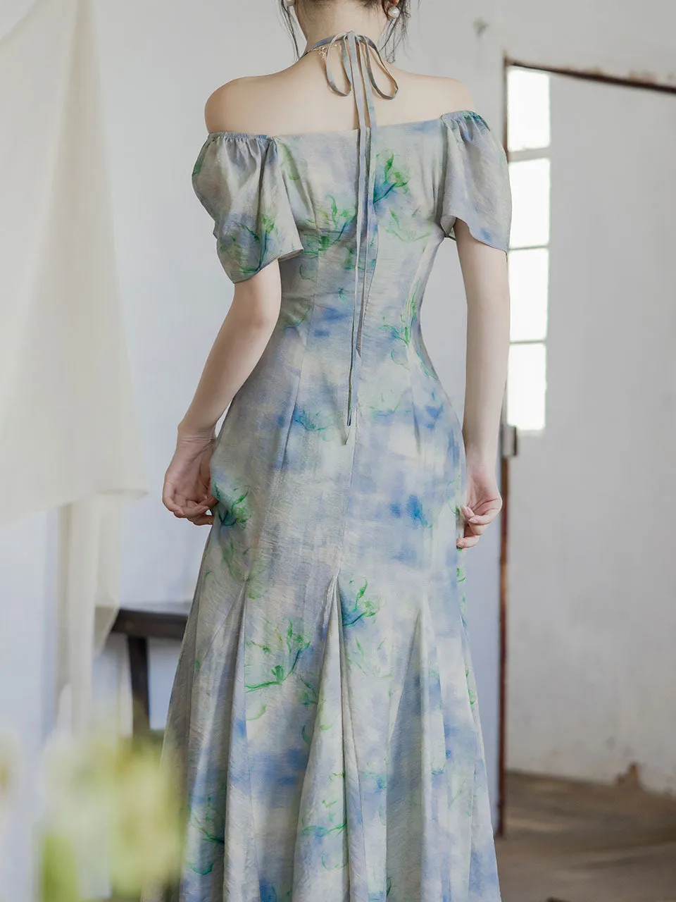 Blue Floral Printed Off-shoulder Fishtail Dress