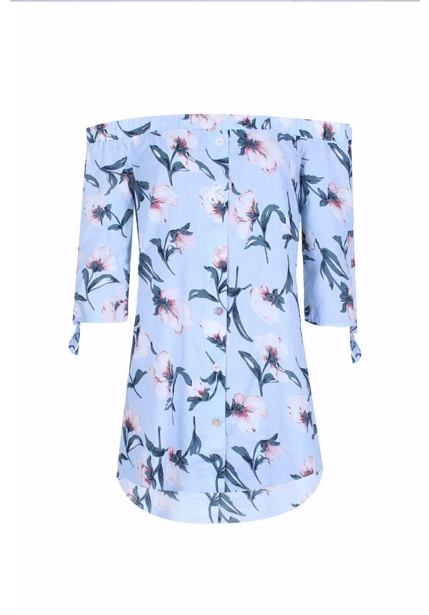 Blue Off The Shoulder Printed Floral Dress