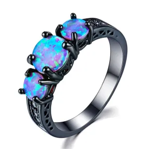 Blue Opal & Black-Plated Tri-Stone Ring