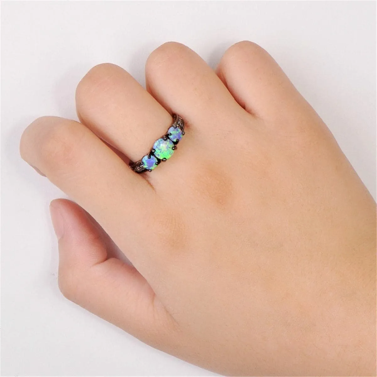 Blue Opal & Black-Plated Tri-Stone Ring