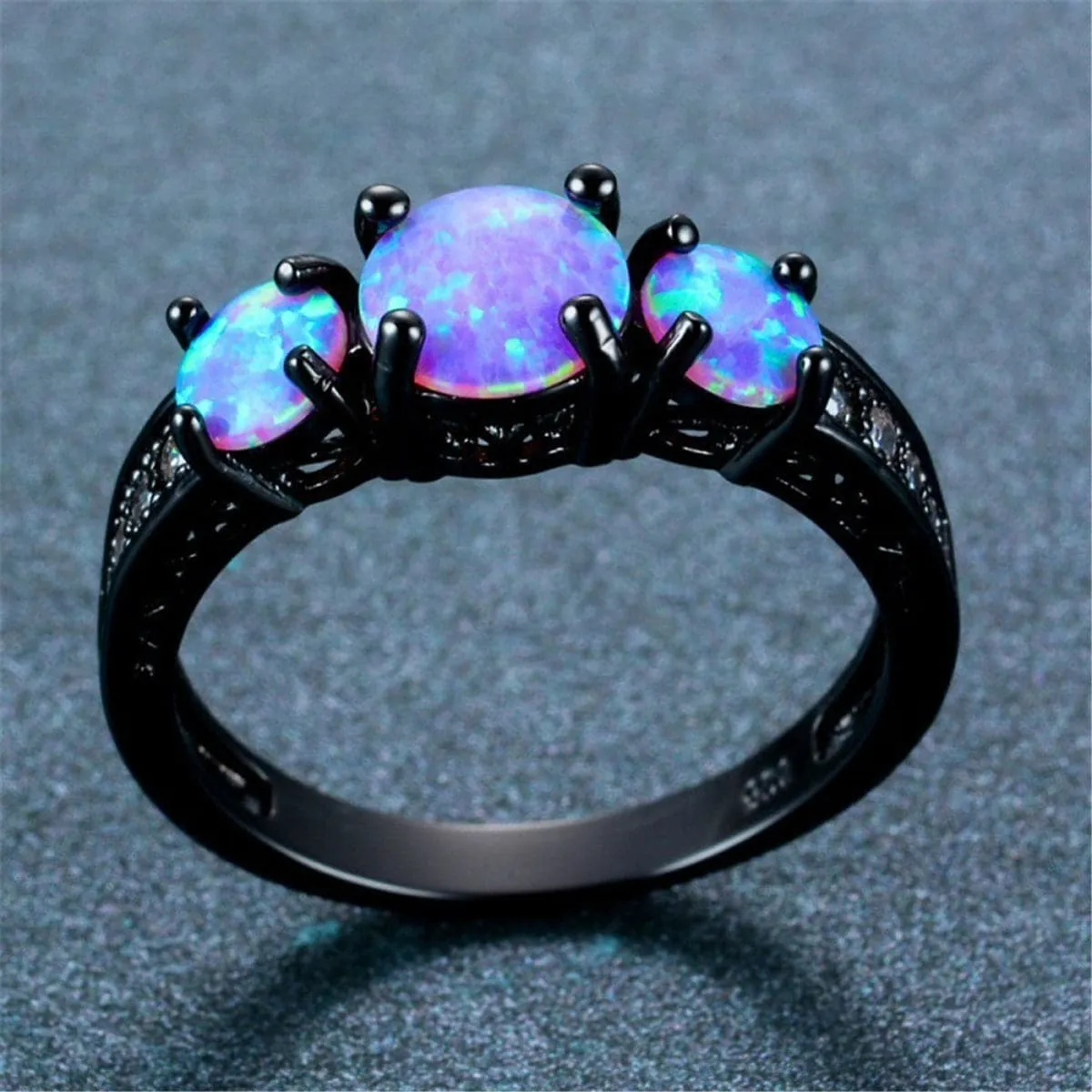 Blue Opal & Black-Plated Tri-Stone Ring