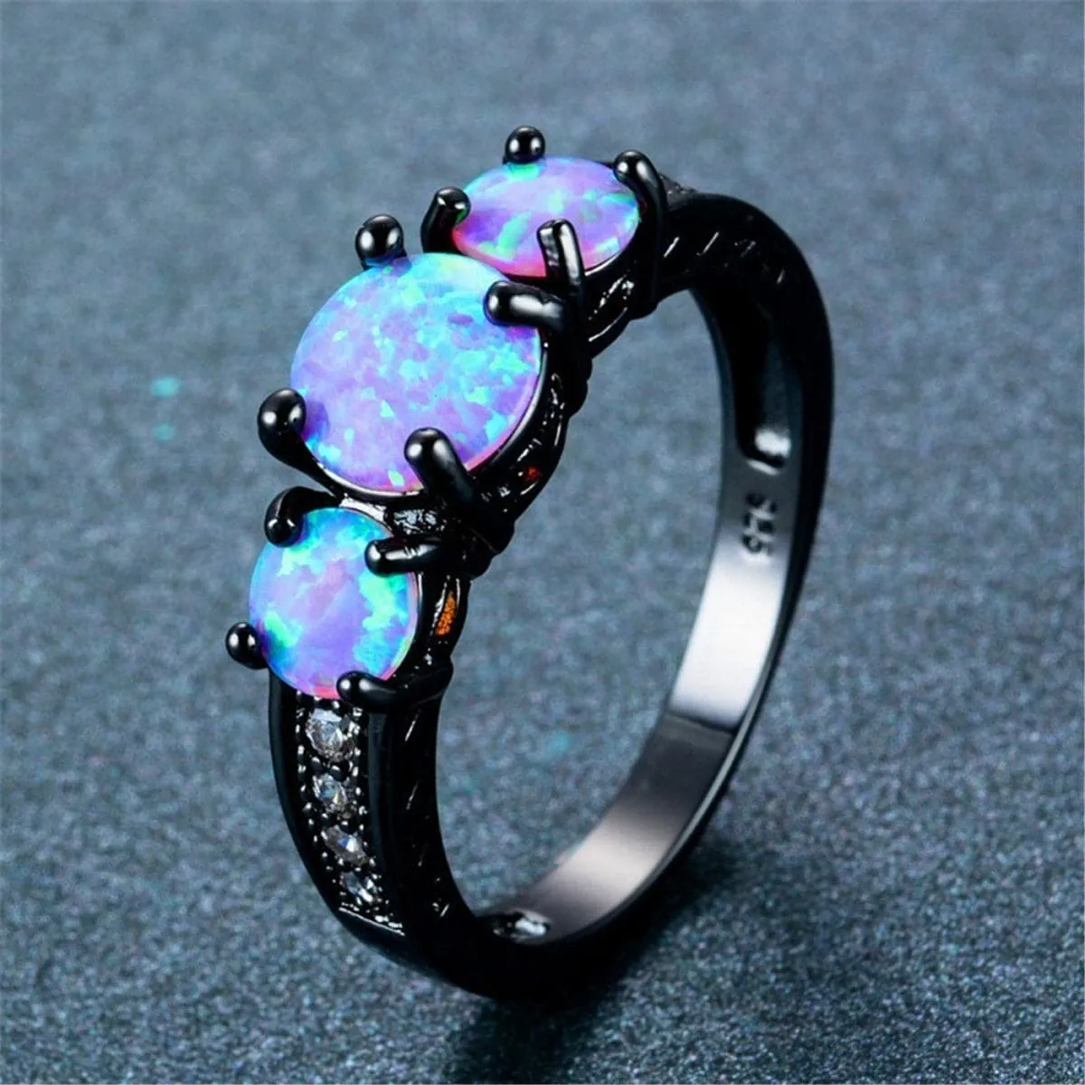 Blue Opal & Black-Plated Tri-Stone Ring