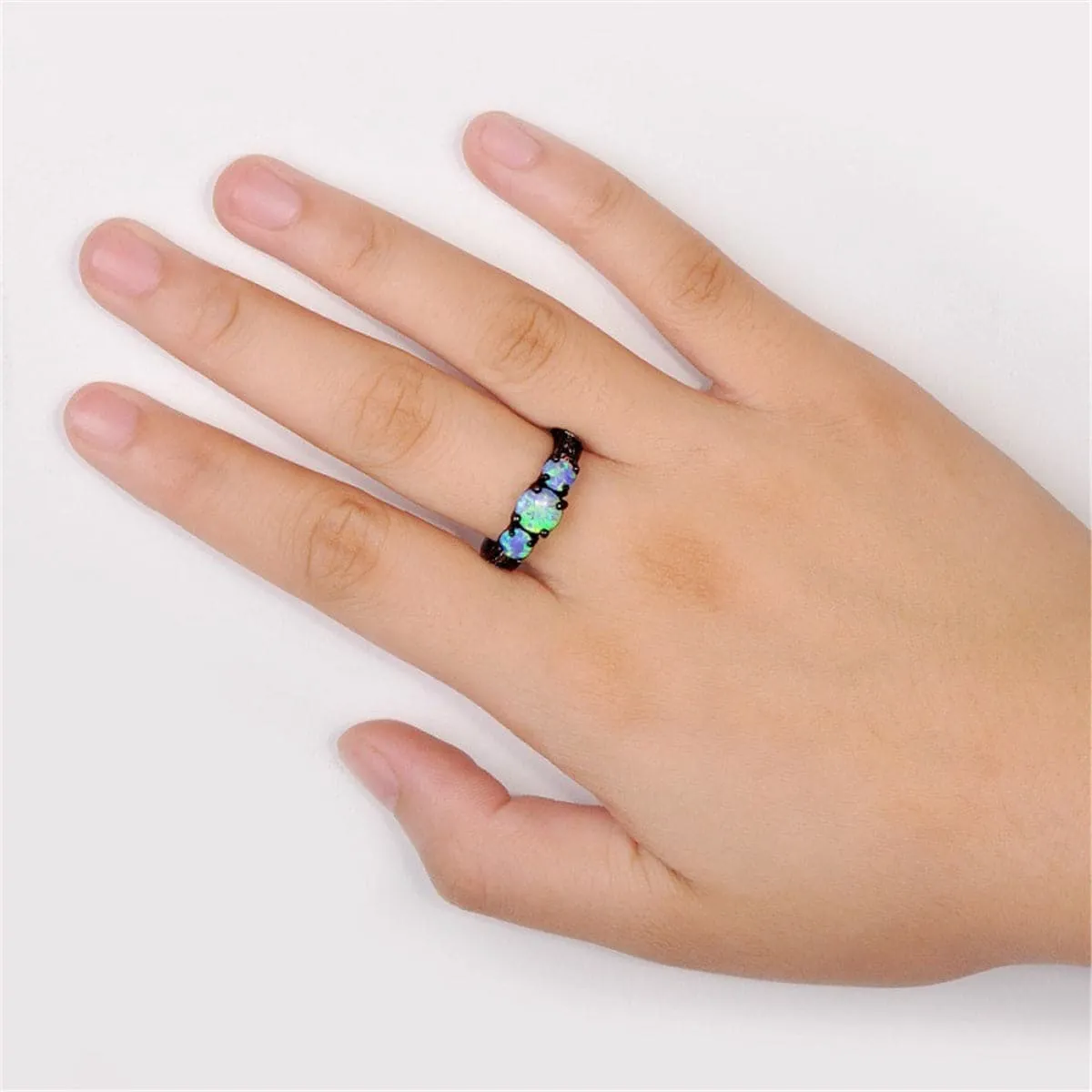 Blue Opal & Black-Plated Tri-Stone Ring