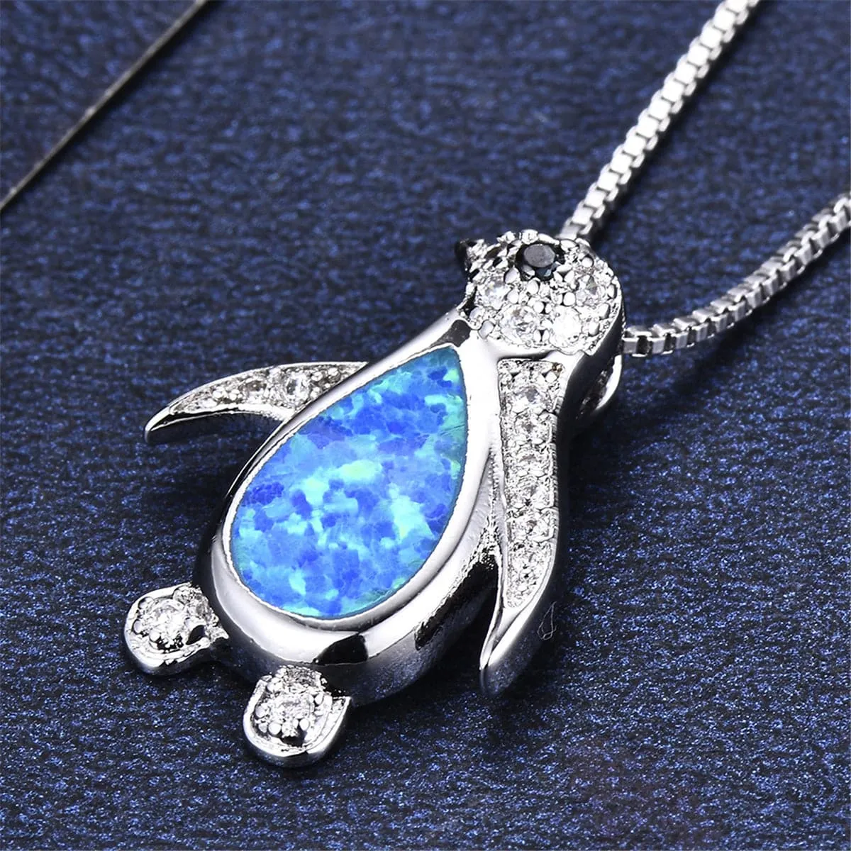 Blue Opal & Cubic Zirconia Penguin Pendant Necklace