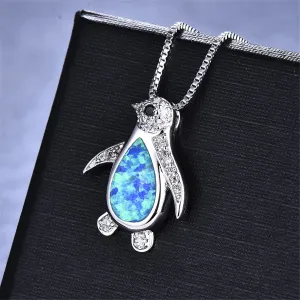 Blue Opal & Cubic Zirconia Penguin Pendant Necklace