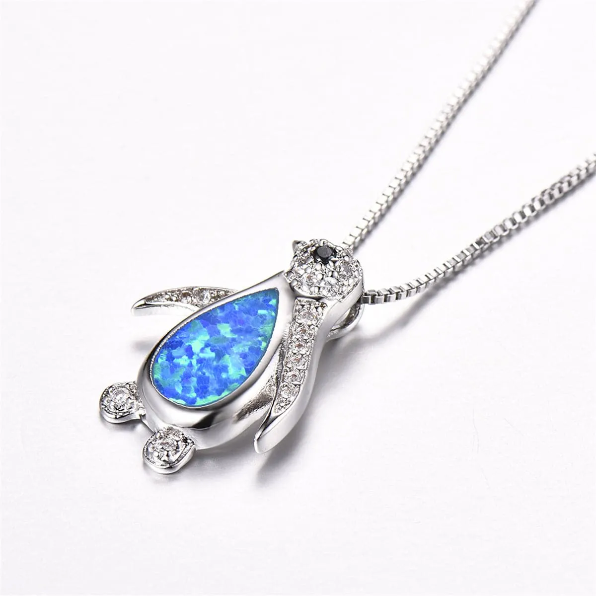 Blue Opal & Cubic Zirconia Penguin Pendant Necklace