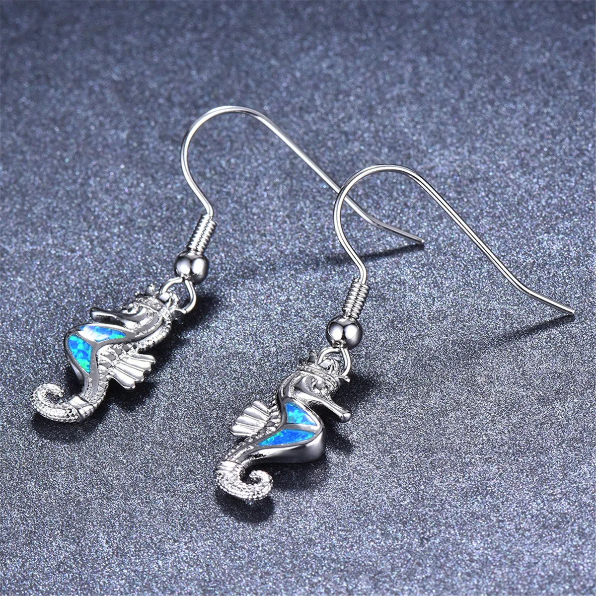 Blue Opal & Silver-Plated Sea Horse Drop Earrings