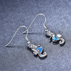 Blue Opal & Silver-Plated Sea Horse Drop Earrings