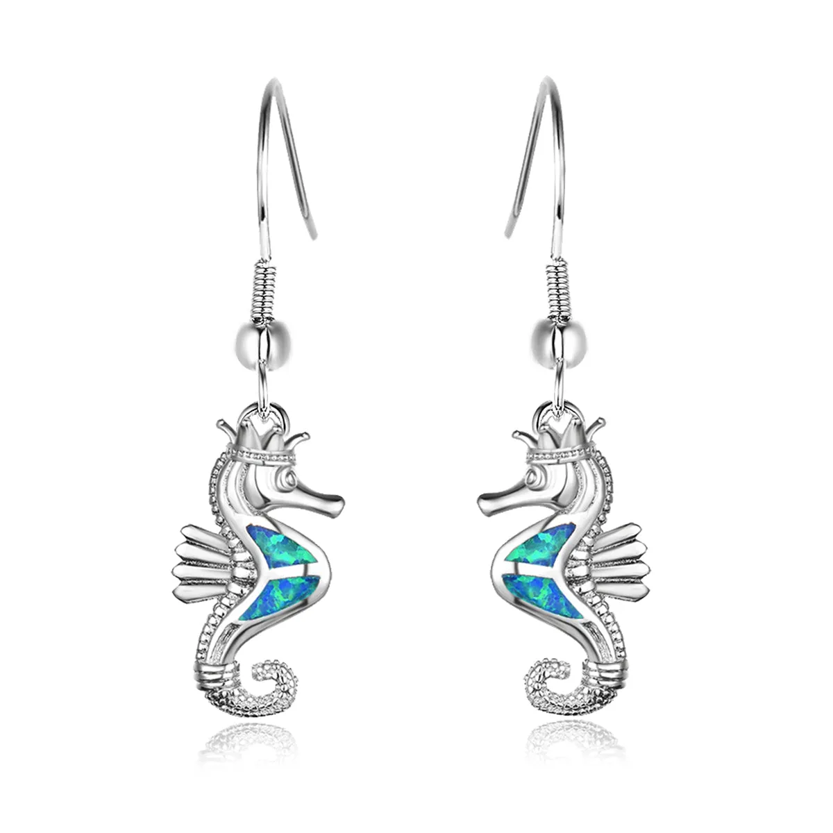 Blue Opal & Silver-Plated Sea Horse Drop Earrings