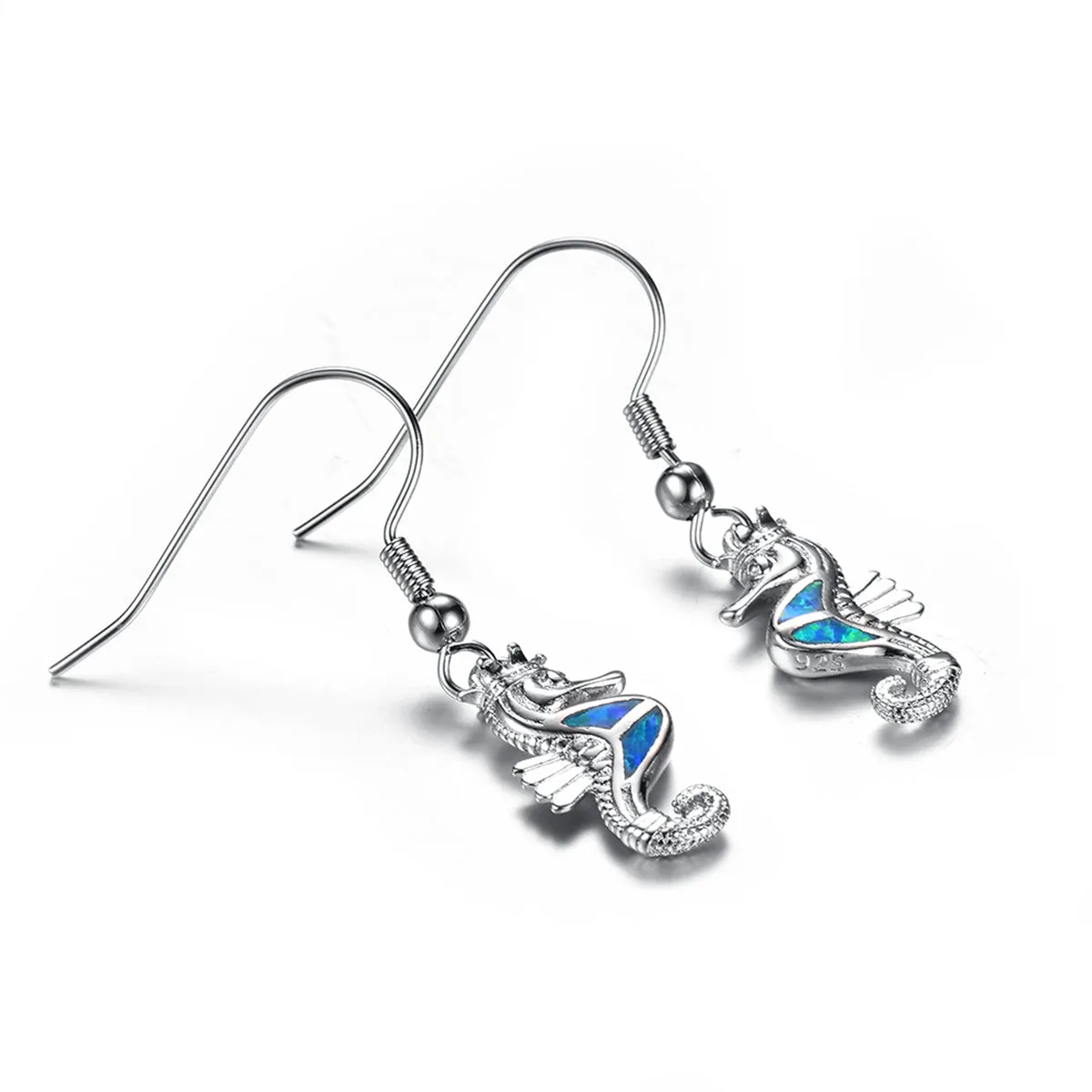 Blue Opal & Silver-Plated Sea Horse Drop Earrings