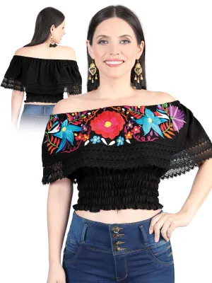 Blusa Corta Artesanal de Olan Bordada de Flores para Mujer
