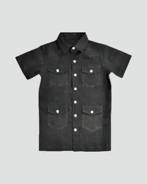 Boys Dark Ink Blue Safari Short Sleeved Guayabera Style Organic Linen Shirt