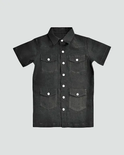 Boys Dark Ink Blue Safari Short Sleeved Guayabera Style Organic Linen Shirt