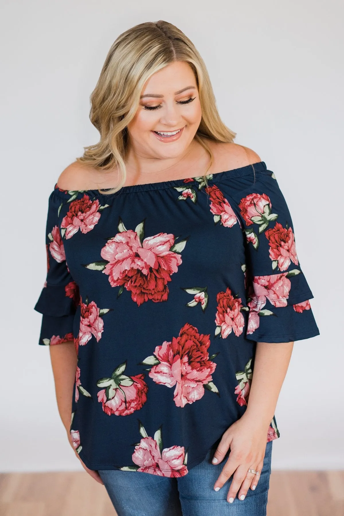 Bring on the Floral Off the Shoulder Top- Navy