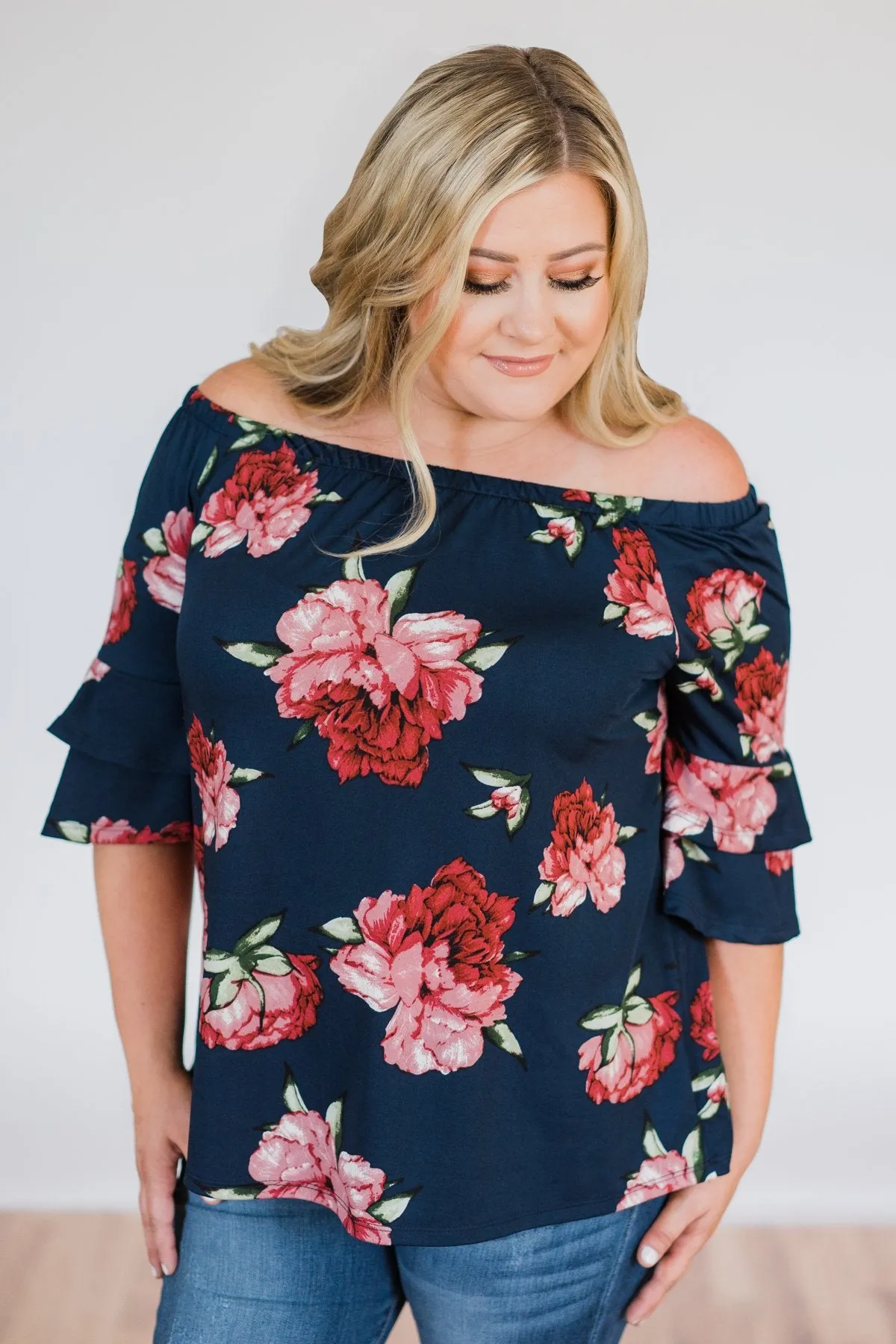 Bring on the Floral Off the Shoulder Top- Navy