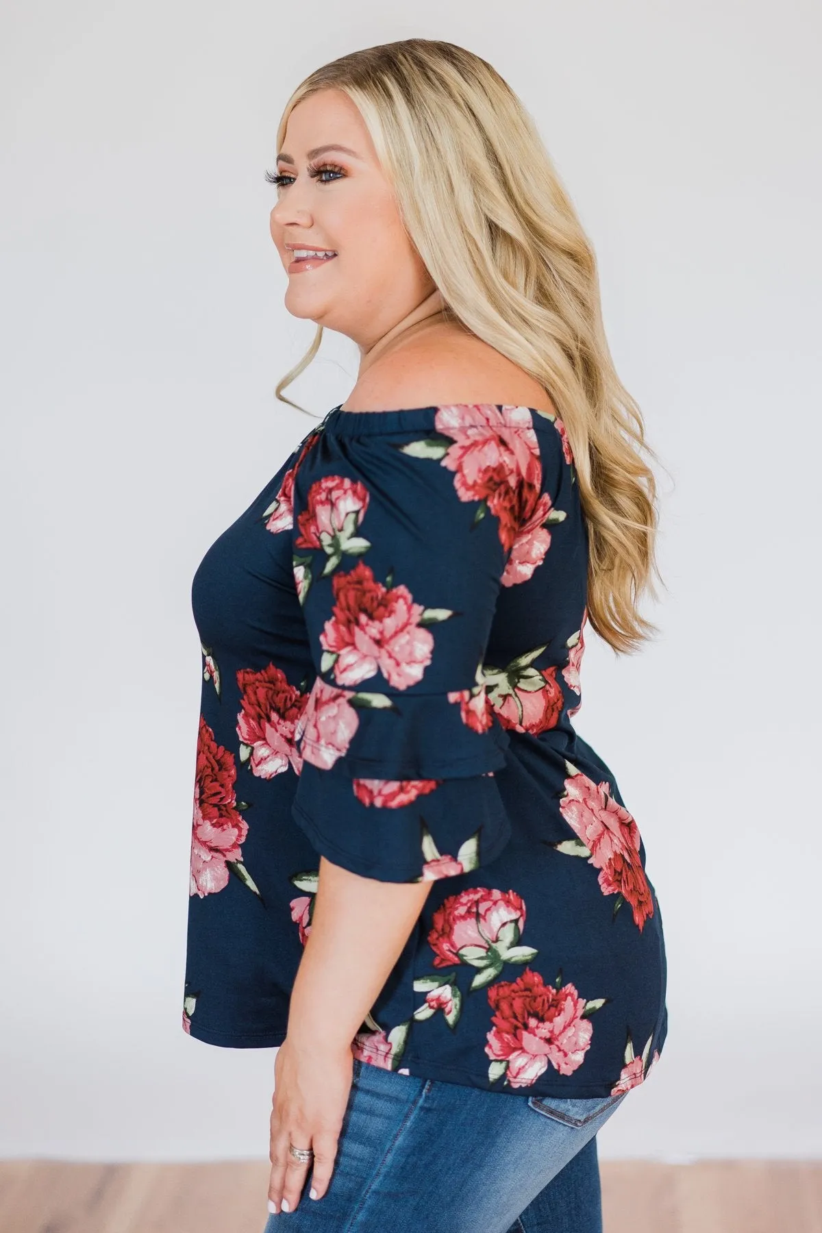 Bring on the Floral Off the Shoulder Top- Navy