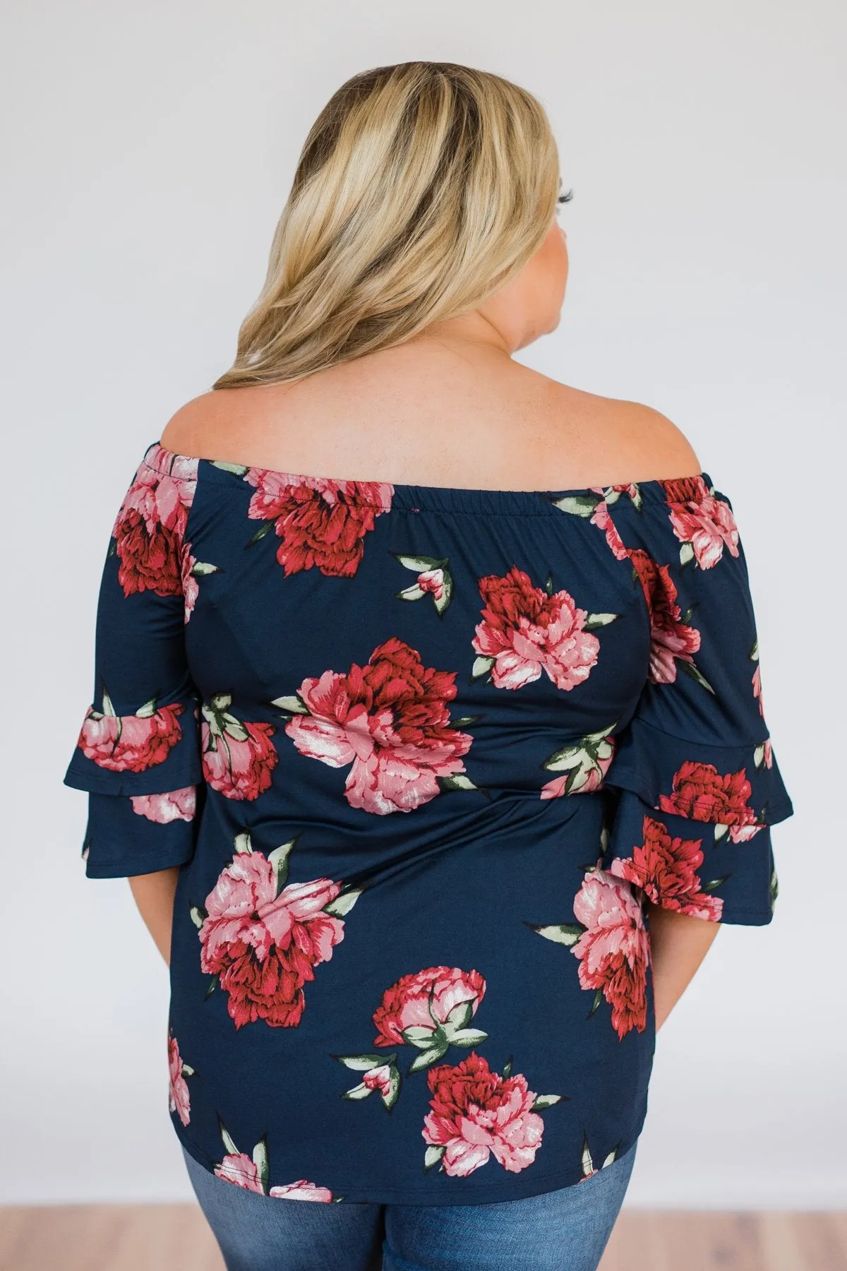 Bring on the Floral Off the Shoulder Top- Navy