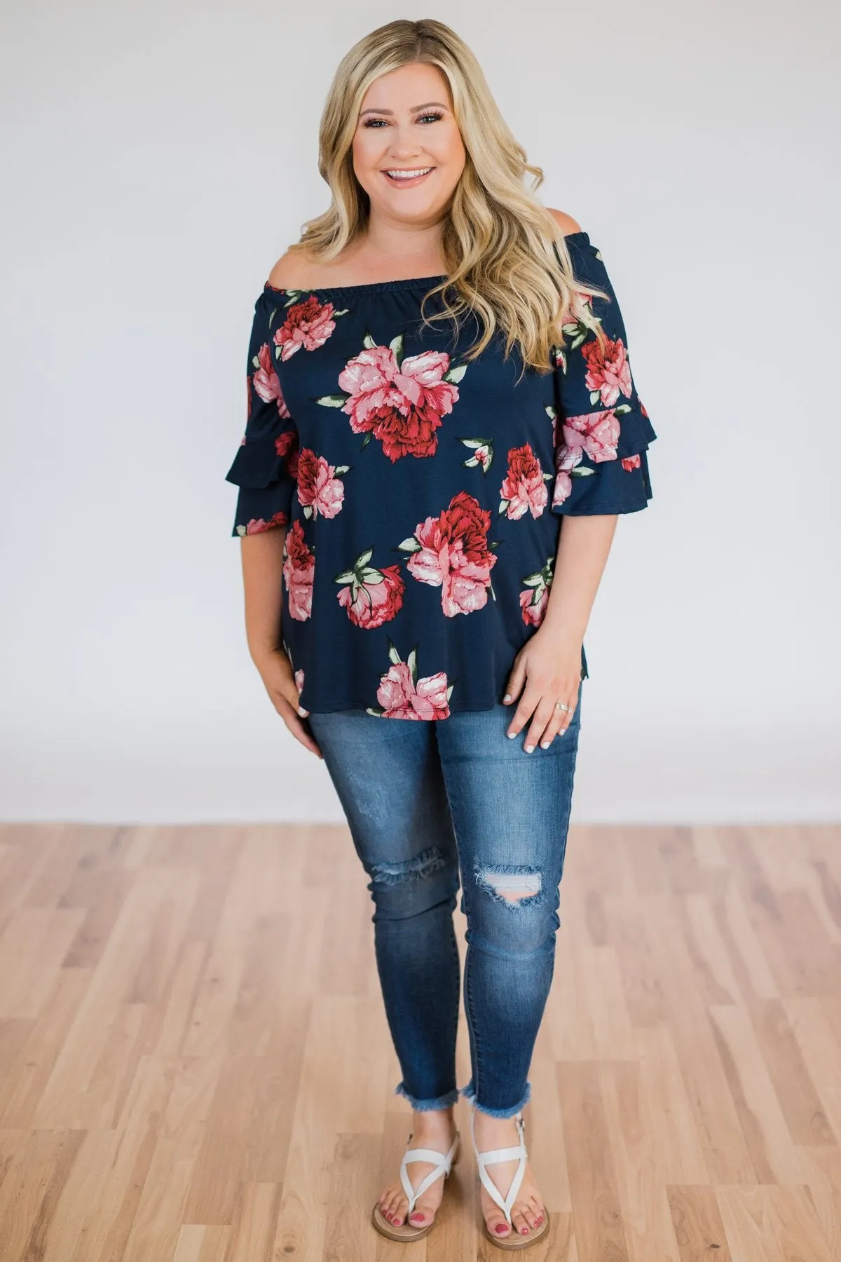 Bring on the Floral Off the Shoulder Top- Navy
