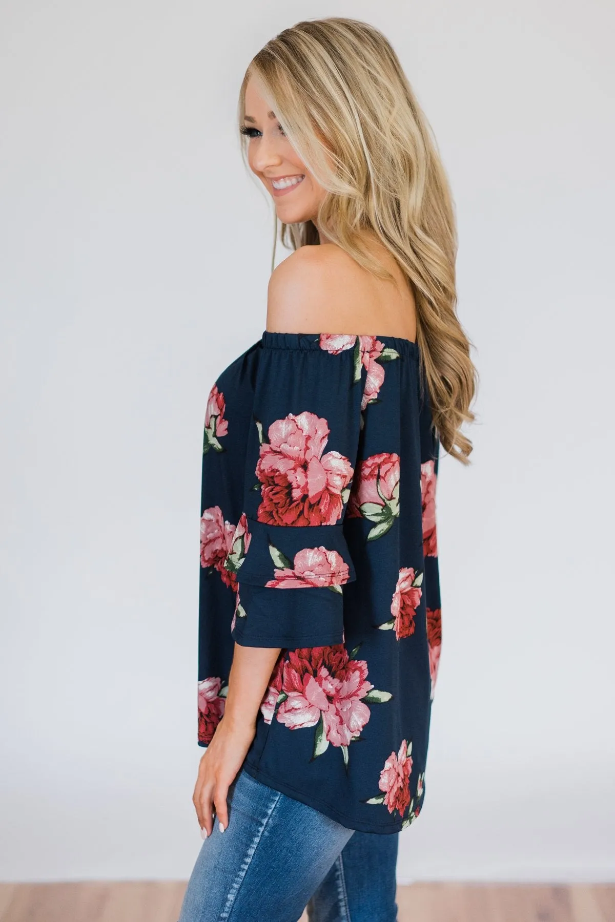 Bring on the Floral Off the Shoulder Top- Navy