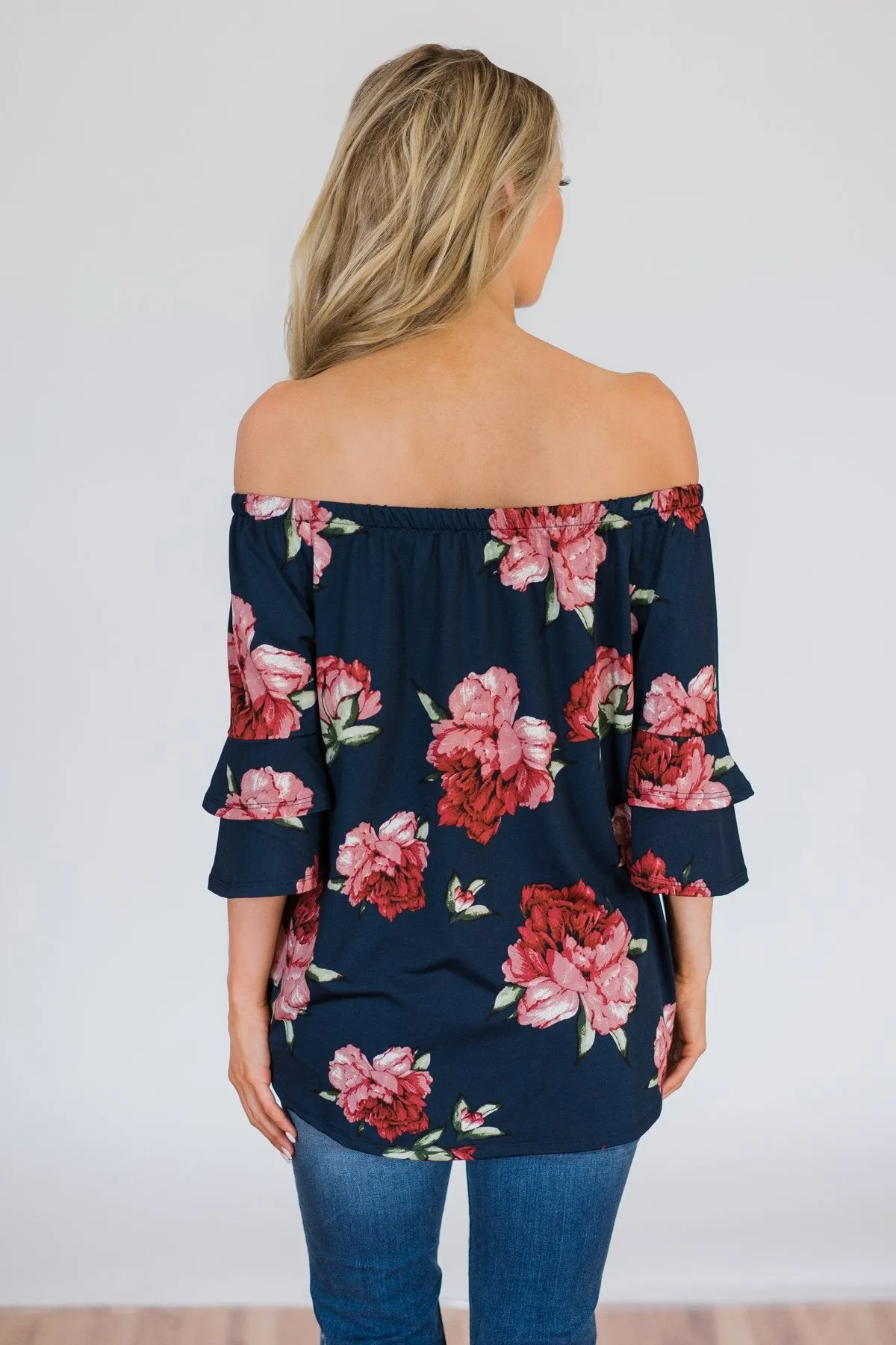 Bring on the Floral Off the Shoulder Top- Navy
