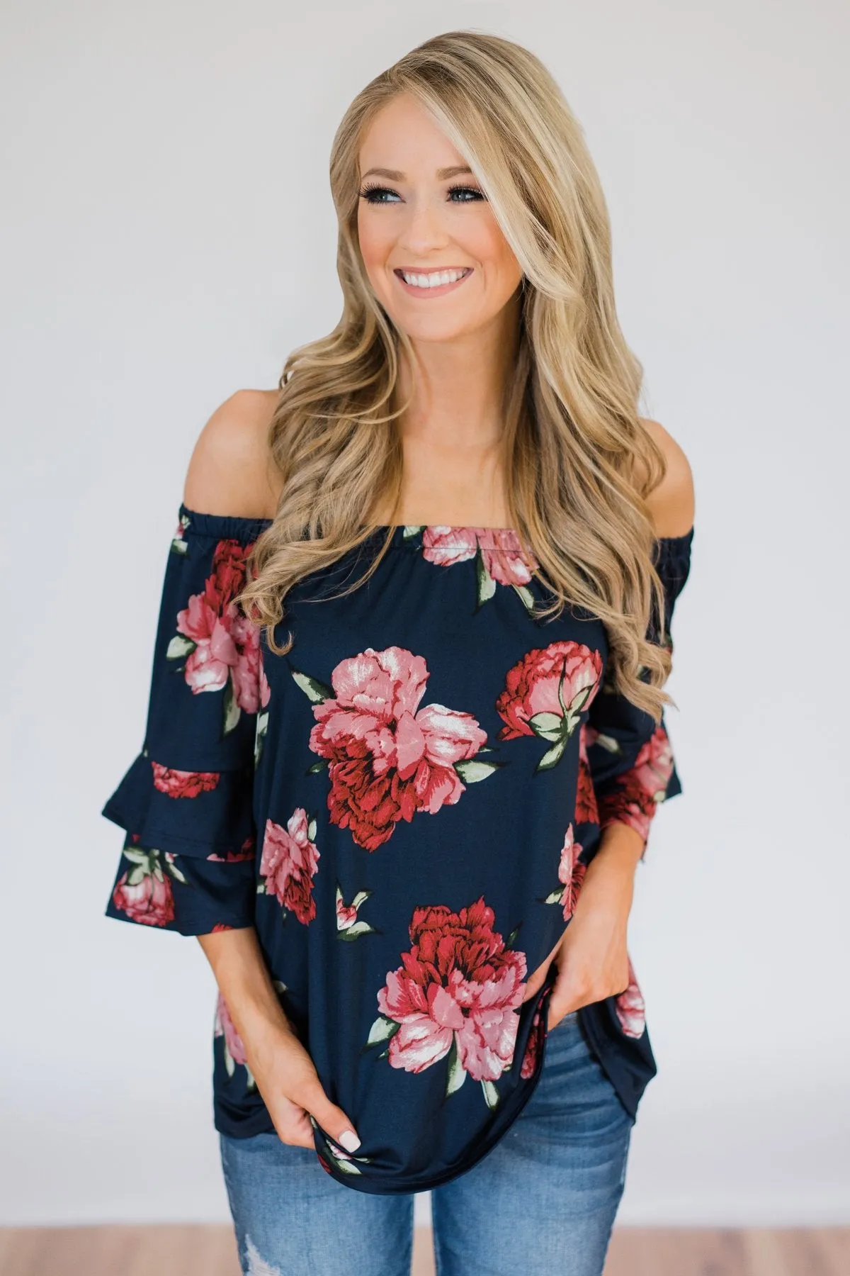 Bring on the Floral Off the Shoulder Top- Navy