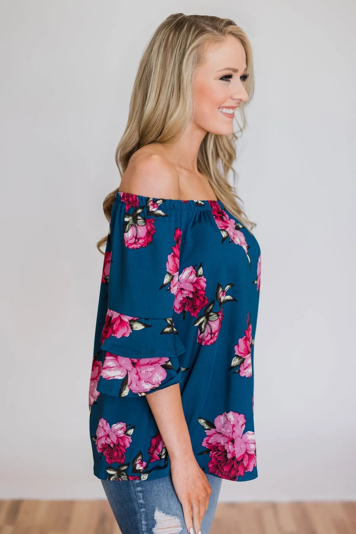 Bring on the Floral Off the Shoulder Top- Royal Blue