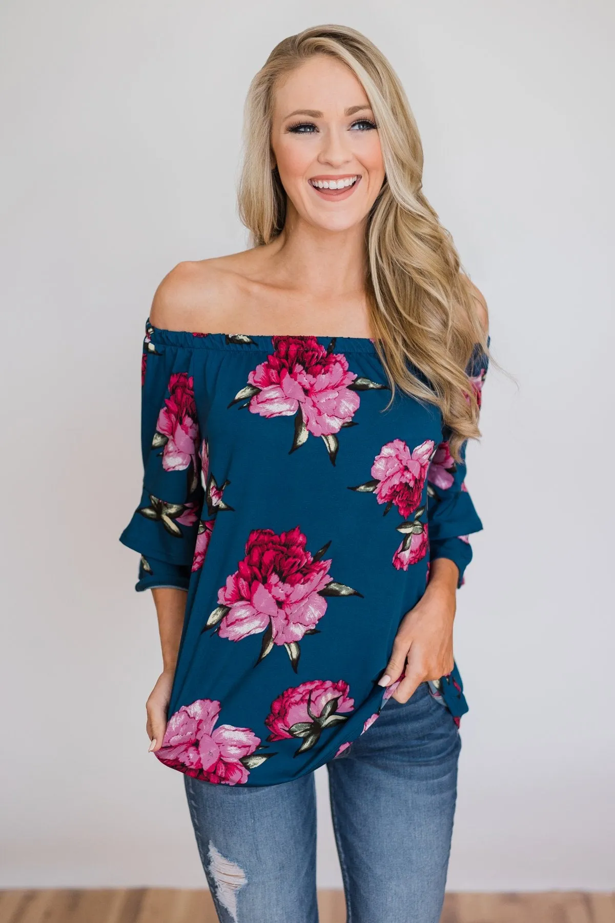 Bring on the Floral Off the Shoulder Top- Royal Blue