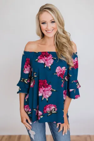 Bring on the Floral Off the Shoulder Top- Royal Blue