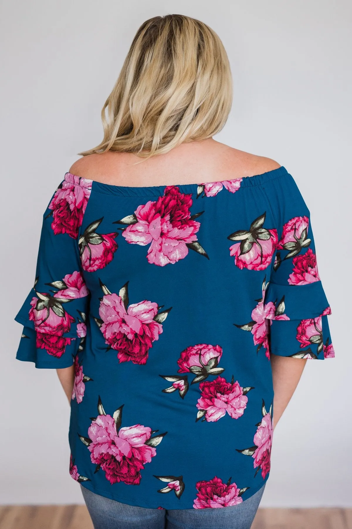 Bring on the Floral Off the Shoulder Top- Royal Blue