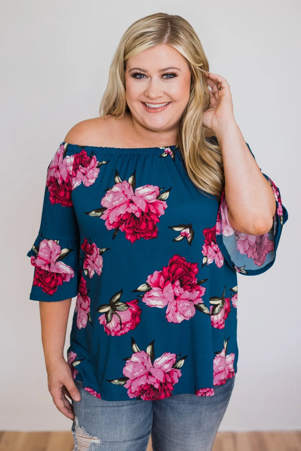 Bring on the Floral Off the Shoulder Top- Royal Blue
